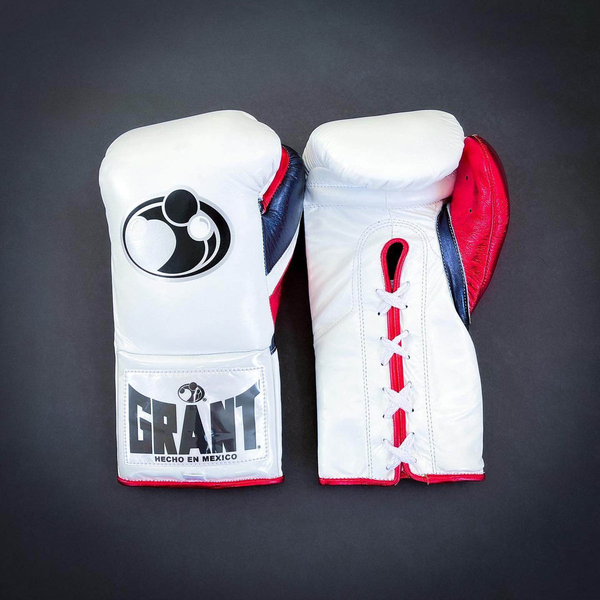 Grant Boxing Gloves in White/Red/Blue colorway - Professional Lace-Up training gloves