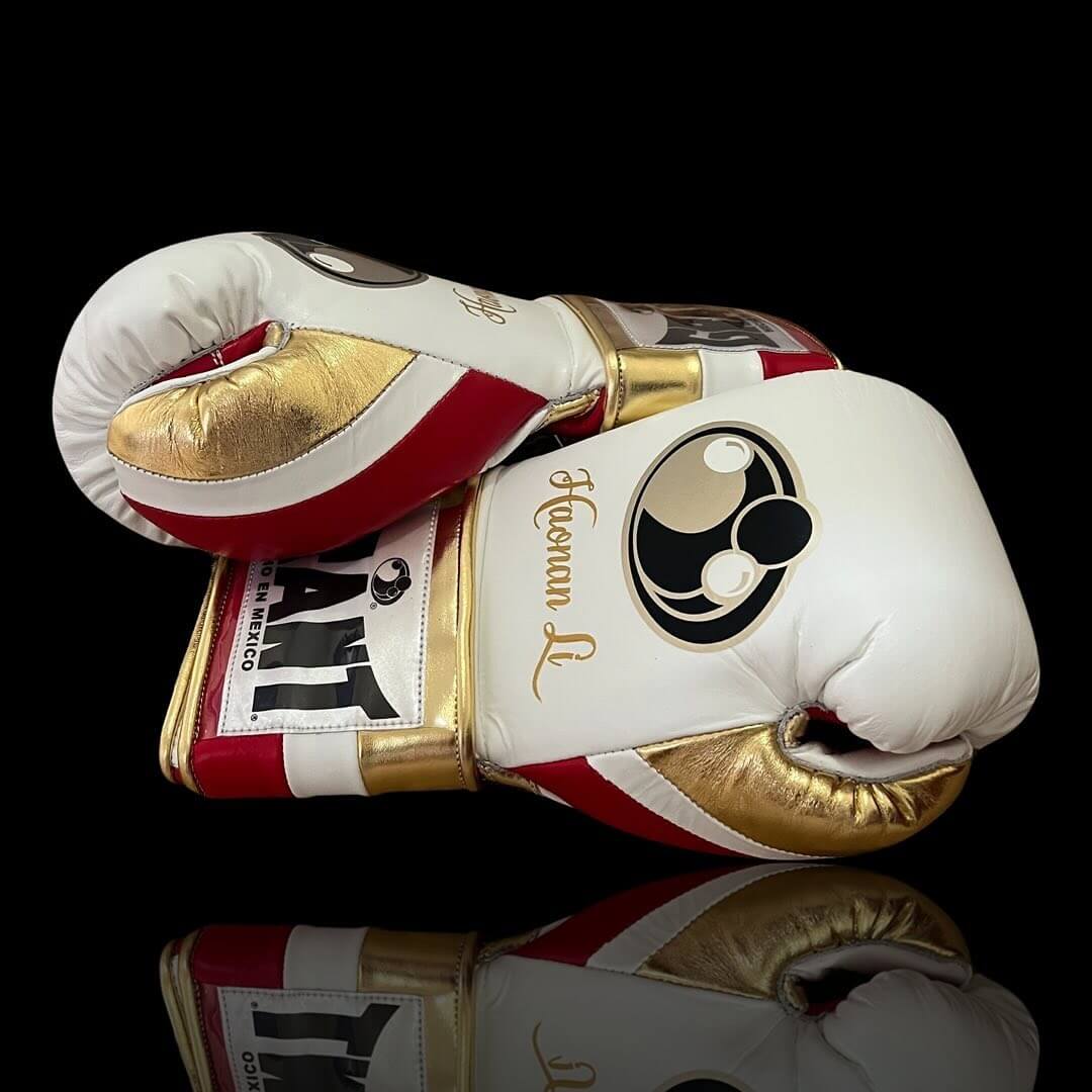 Grant Boxing Gloves in White/Red/Gold colorway - Professional Velcro training gloves