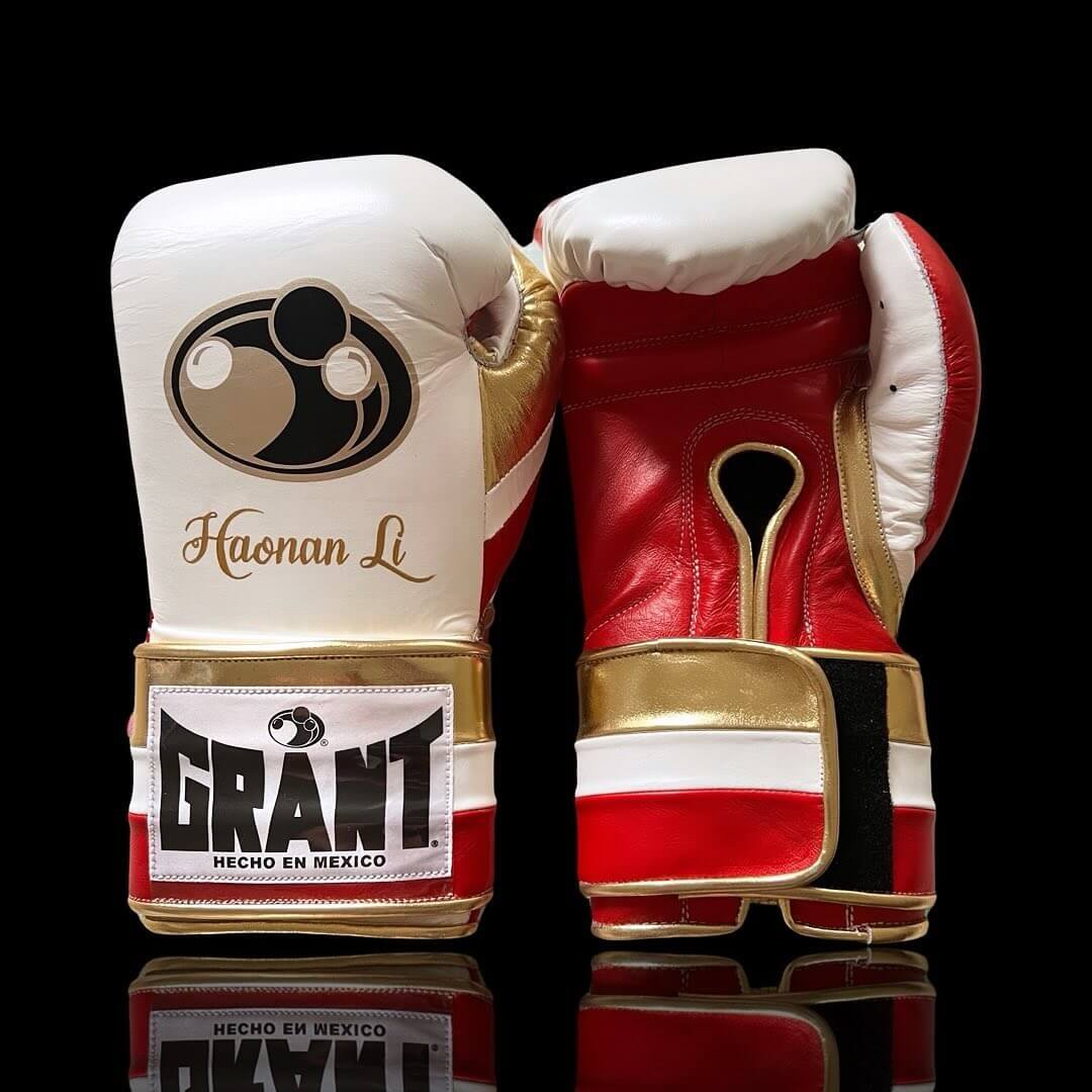 Grant Boxing Gloves in White/Red/Gold colorway - Professional Velcro training gloves