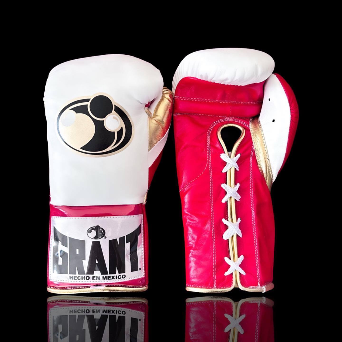 Grant Boxing Gloves in White/Red/Gold colorway - Professional Lace-Up training gloves