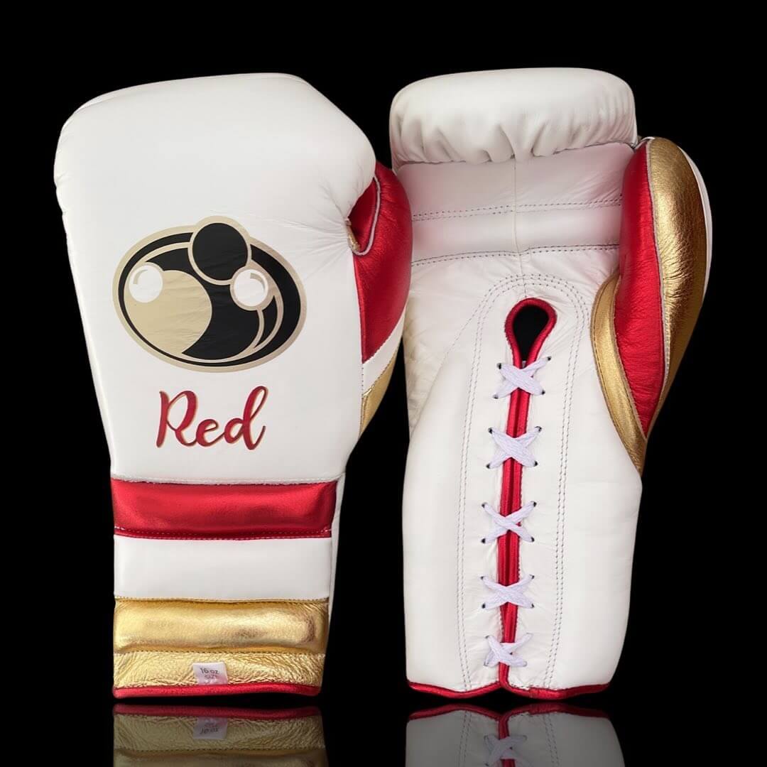 Grant Boxing Gloves in White/Red/Gold colorway - Professional Lace-Up training gloves