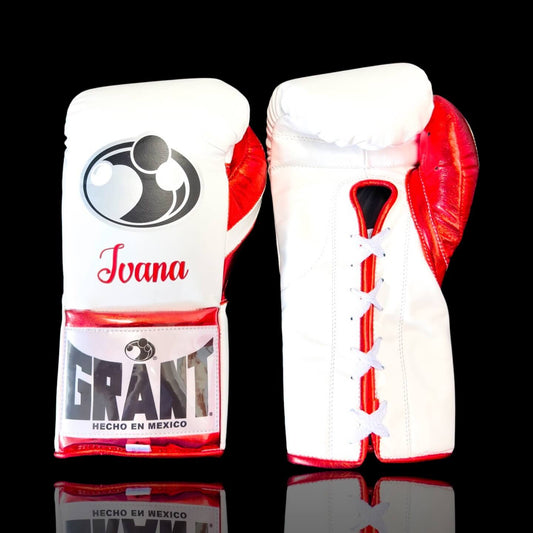 Grant Boxing Gloves in White/Red colorway - Professional Lace-Up training gloves