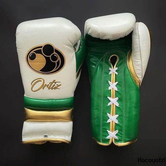 Grant Boxing Gloves in White/Green/Gold colorway - Professional Lace-Up training gloves