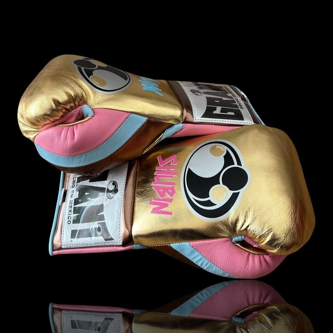 Grant Boxing Gloves in Gold/Brown/Pink colorway - Professional Lace-Up training gloves