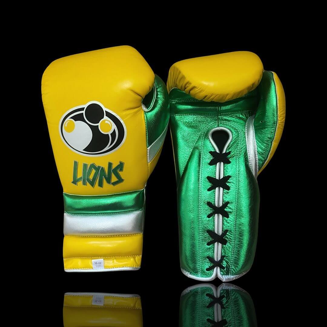 Grant Boxing Gloves in Yellow/Green/Silver colorway - Professional Lace-Up training gloves