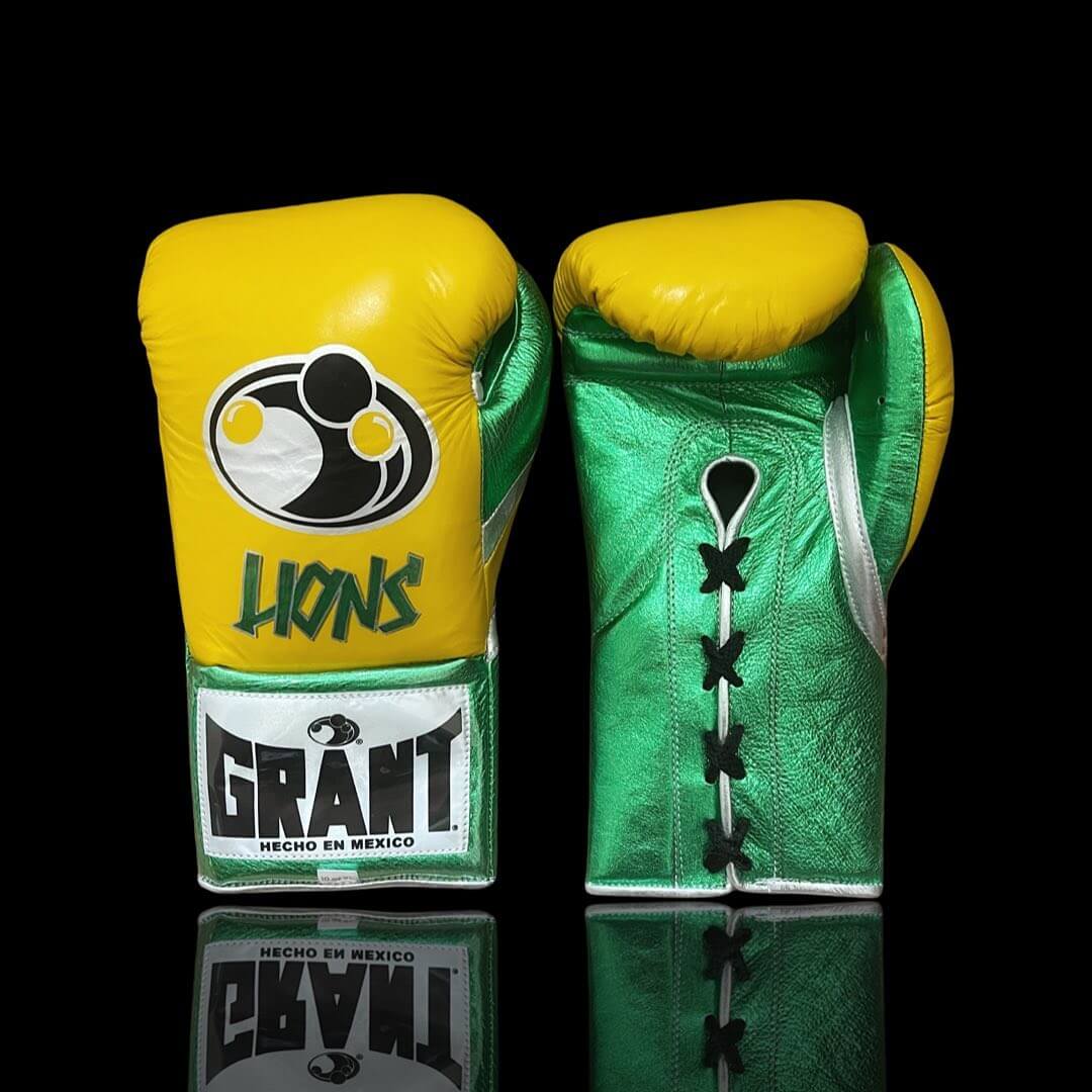 Grant Boxing Gloves in Yellow/Green/Silver colorway - Professional Lace-Up training gloves