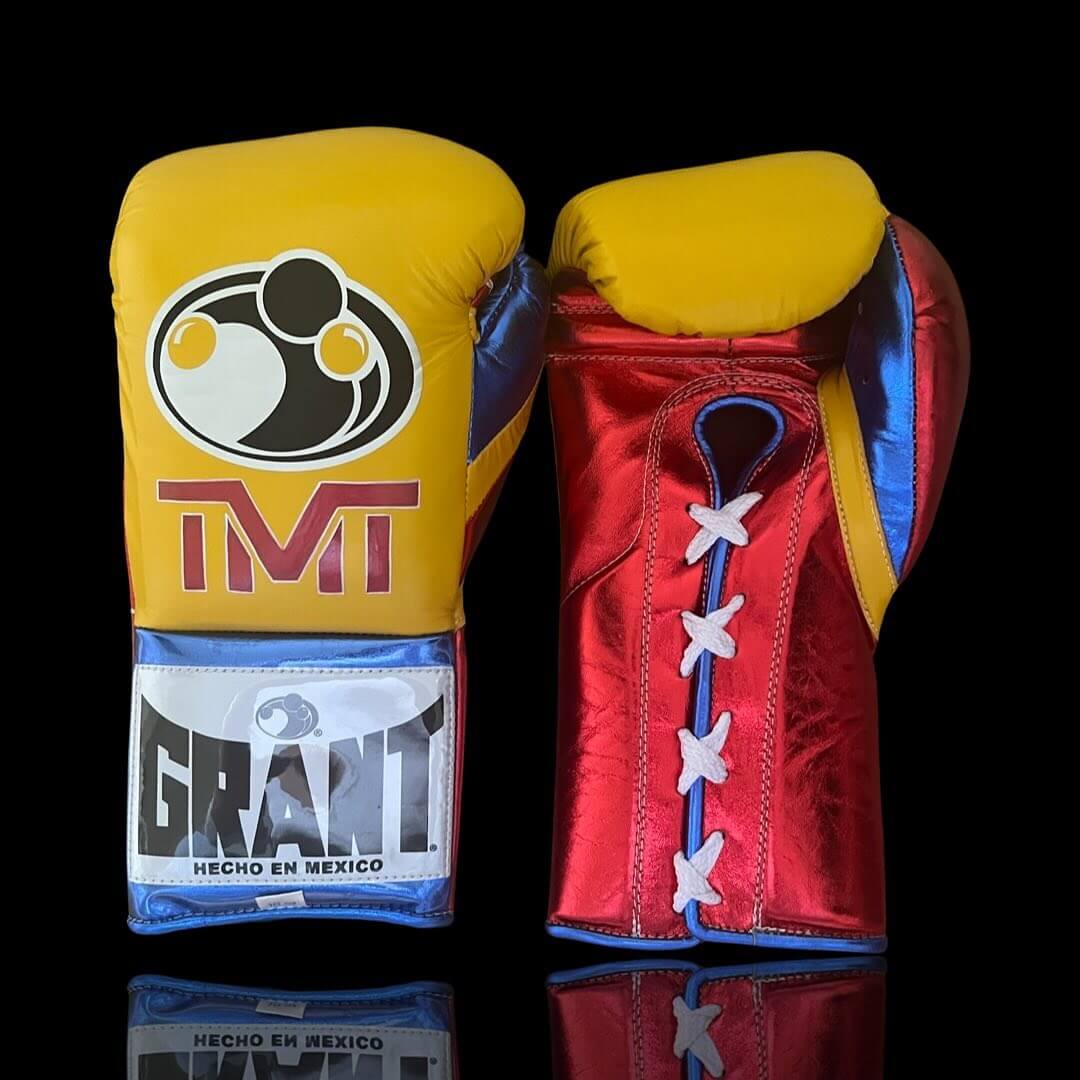 Grant Boxing Gloves in Yellow/Red/Blue colorway - Professional Lace-Up training gloves