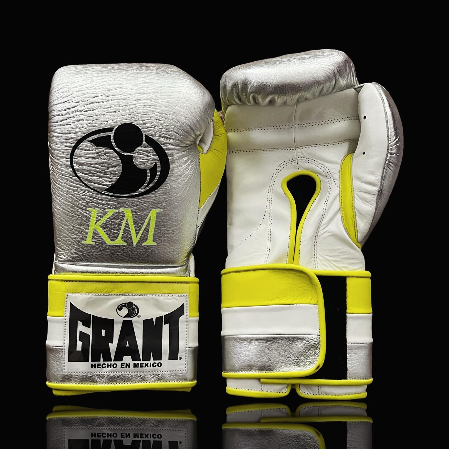 Grant Boxing Gloves in Silver/Yellow/White colorway - Professional Velcro training gloves