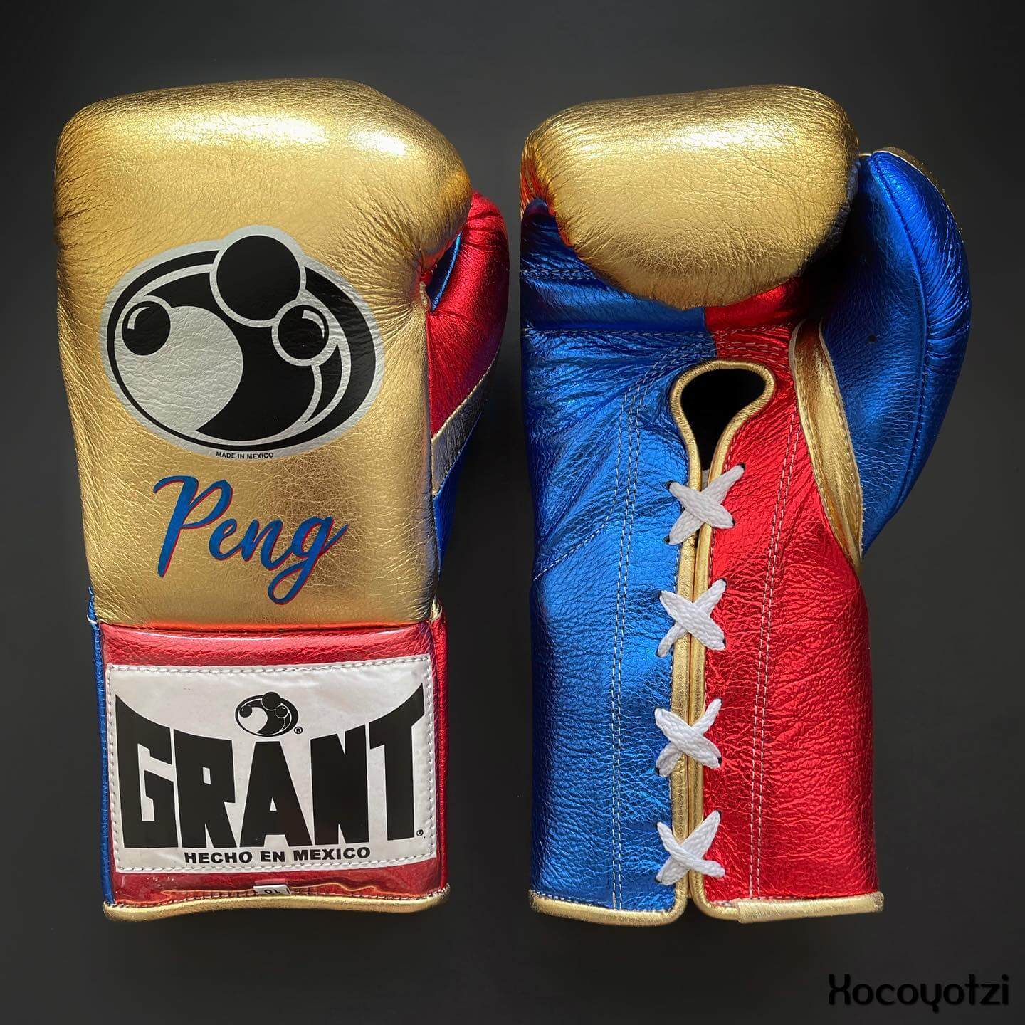 Grant Boxing Gloves in Gold/Red/Blue colorway - Professional Lace-Up training gloves