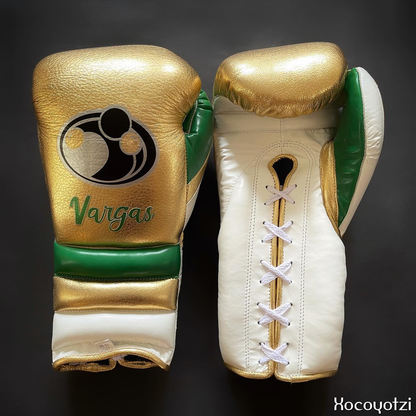 Grant Boxing Gloves in Gold/White/Green colorway - Professional Lace-Up training gloves
