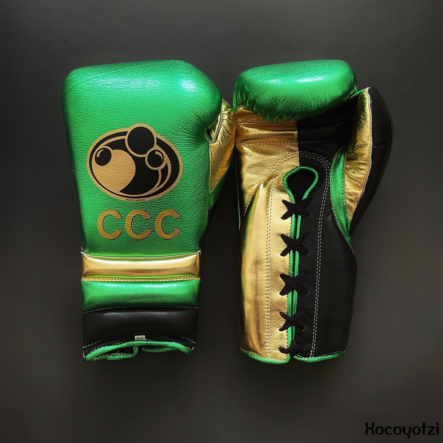 Grant Boxing Gloves in Green/Gold/Black colorway - Professional Lace-Up training gloves