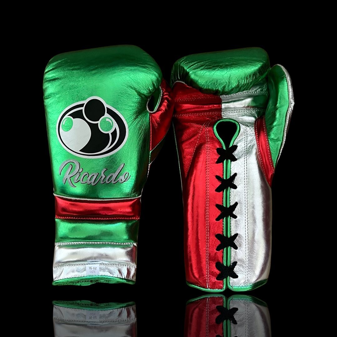 Grant Boxing Gloves in Green/Red/Silver colorway - Professional Lace-Up training gloves