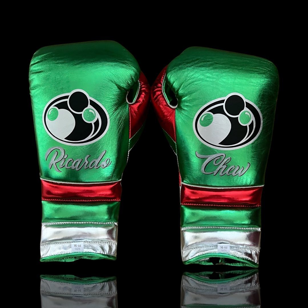 Grant Boxing Gloves in Green/Red/Silver colorway - Professional Lace-Up training gloves
