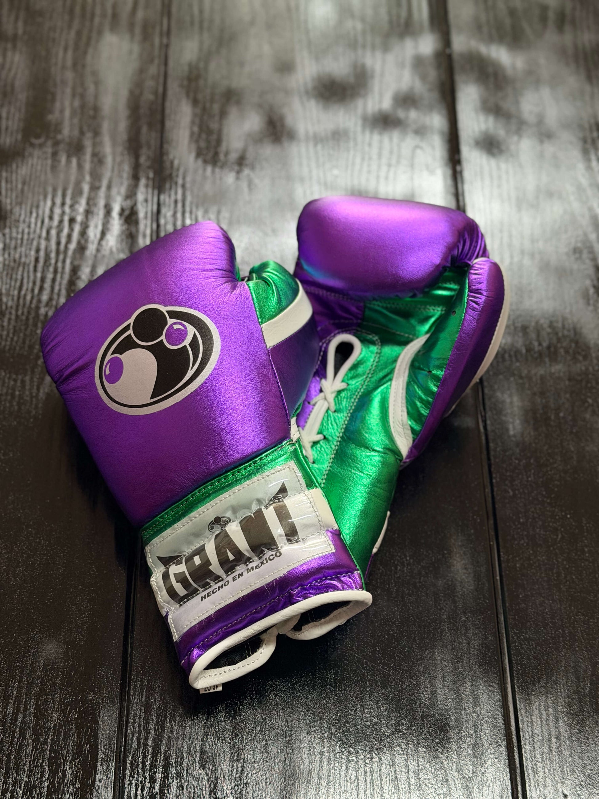 Grant Boxing Gloves in Purple/Green/White colorway - Professional Lace-Up training gloves