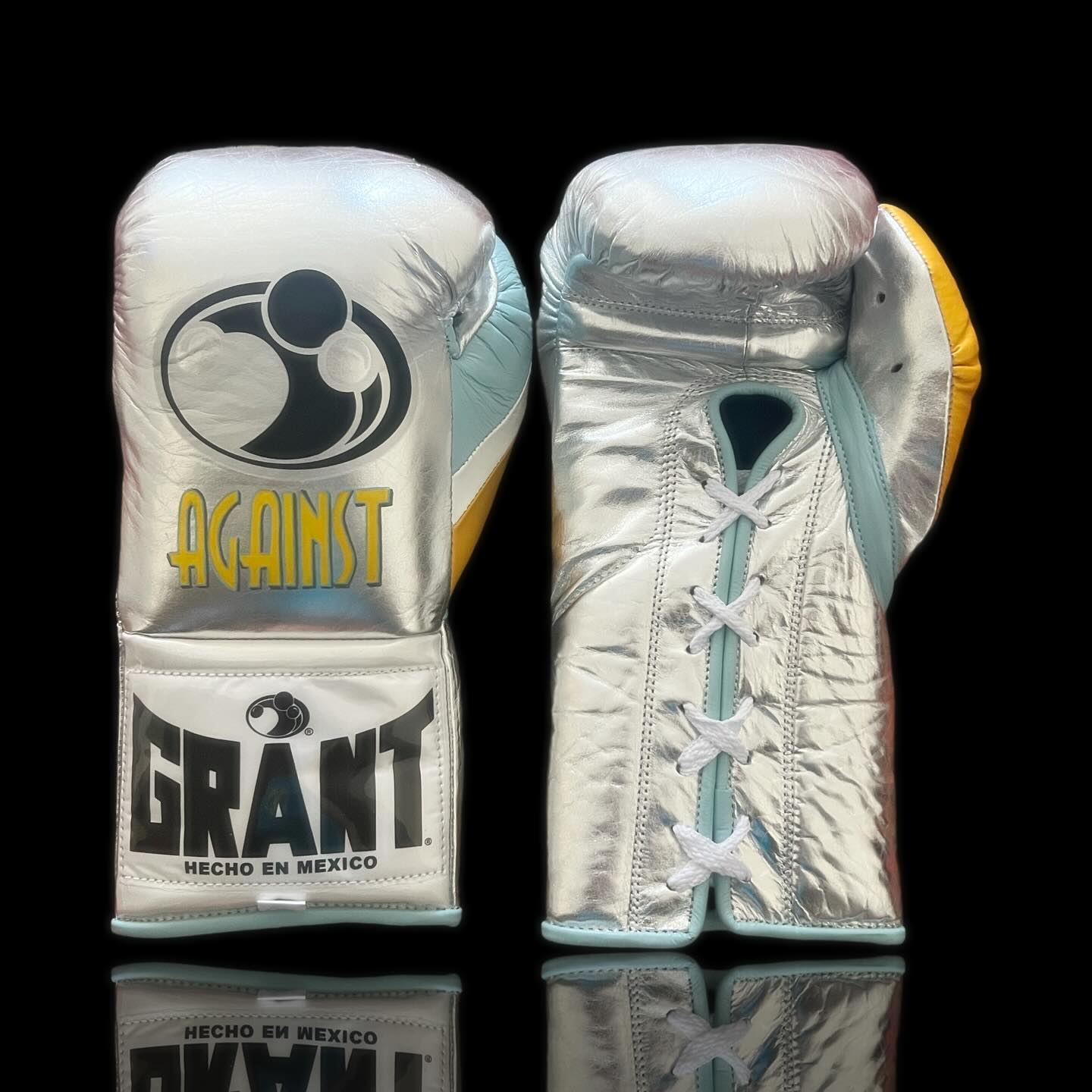 Grant Boxing Gloves in Silver/Blue/Yellow colorway - Professional Lace-Up training gloves
