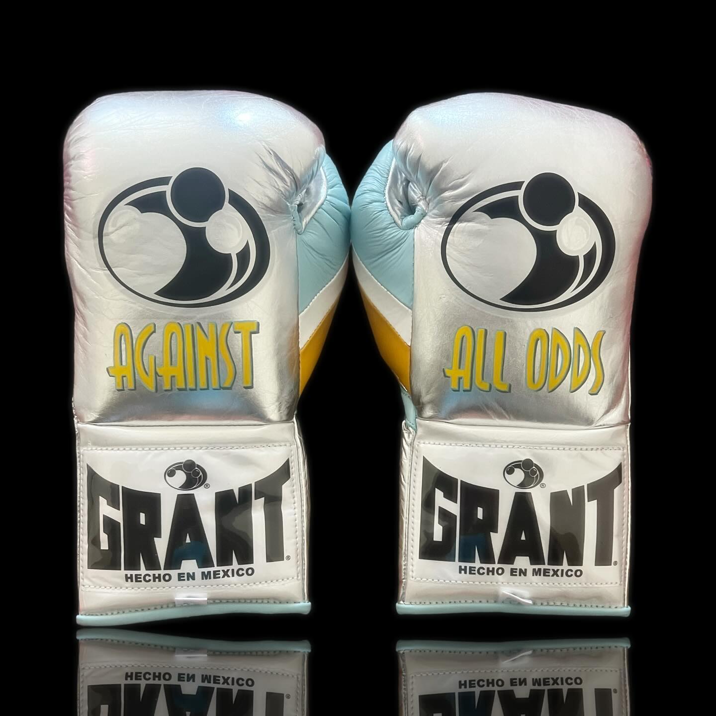 Grant Boxing Gloves in Silver/Blue/Yellow colorway - Professional Lace-Up training gloves