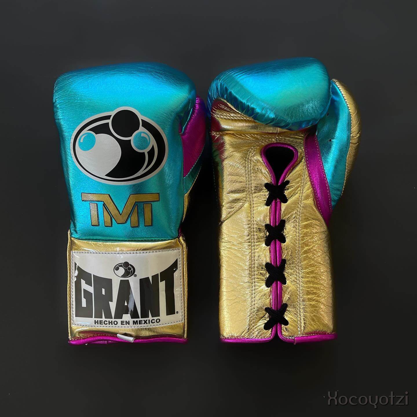 Grant Boxing Gloves in Blue/Gold/Pink colorway - Professional Lace-Up training gloves