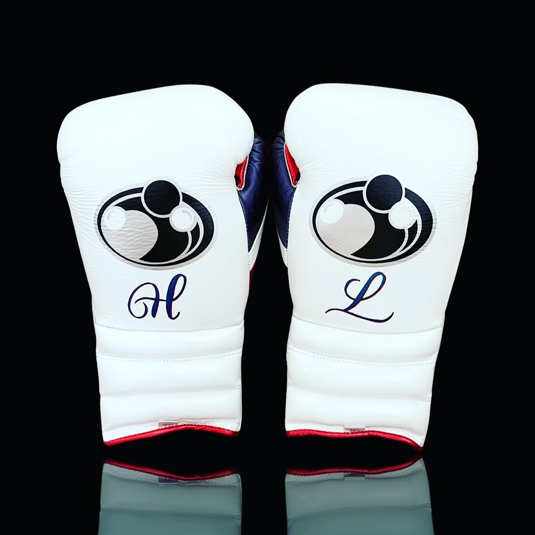 Grant Boxing Gloves in White/Red/Blue colorway - Professional Lace-Up training gloves