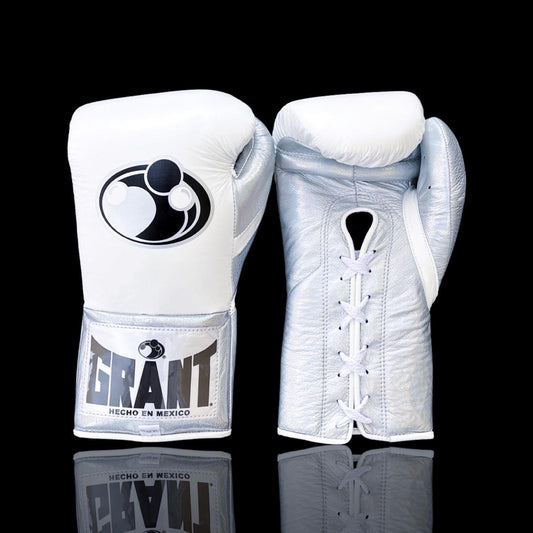 Grant Boxing Gloves in White/Silver colorway - Professional Lace-Up training gloves