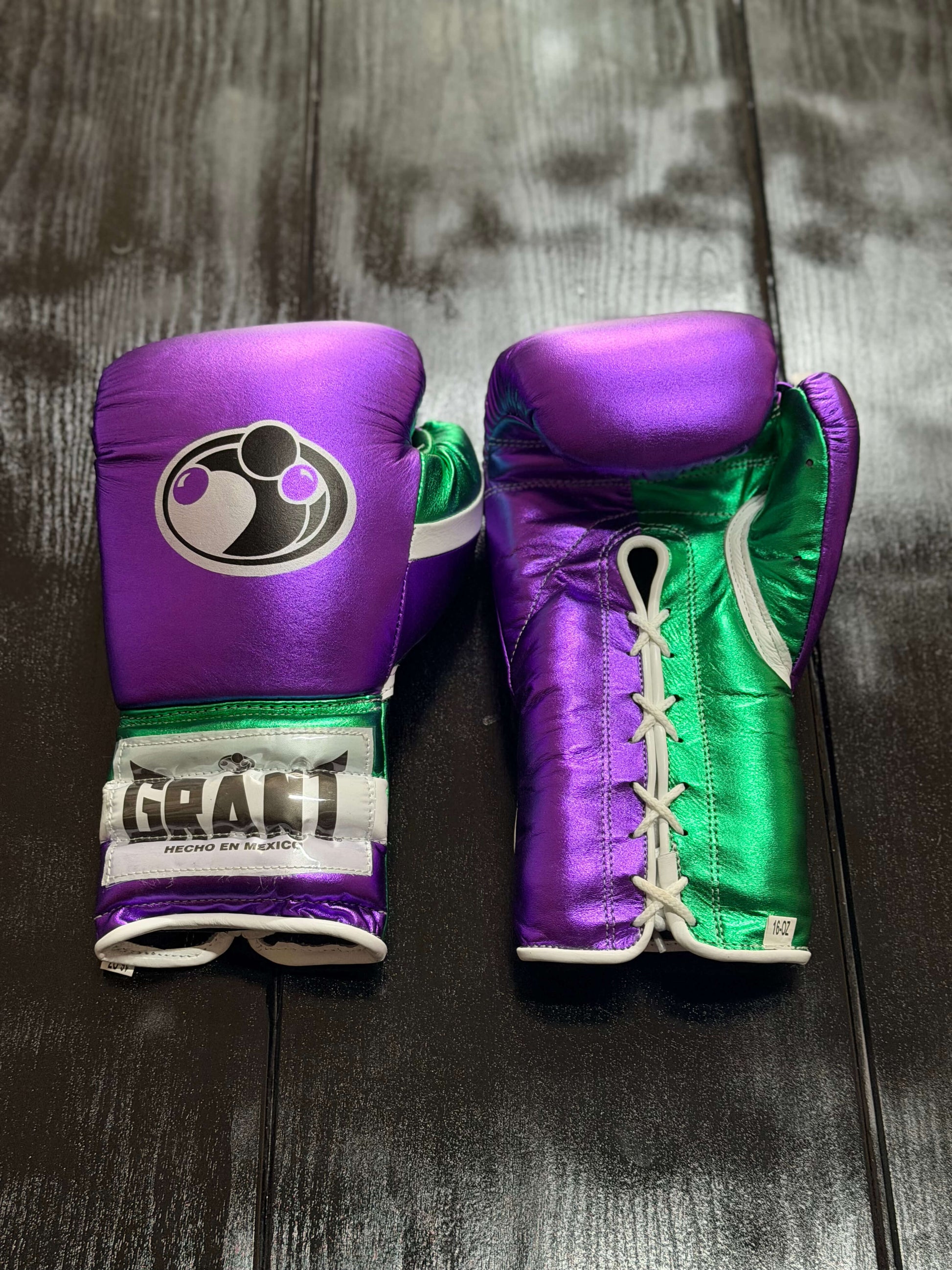 Grant Boxing Gloves in Purple/Green/White colorway - Professional Lace-Up training gloves
