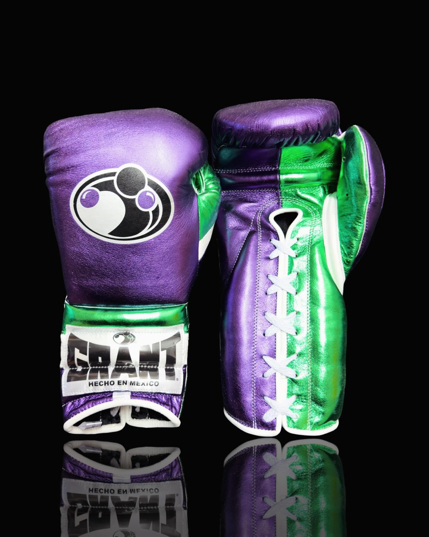 Grant Boxing Gloves in Purple/Green/White colorway - Professional Lace-Up training gloves