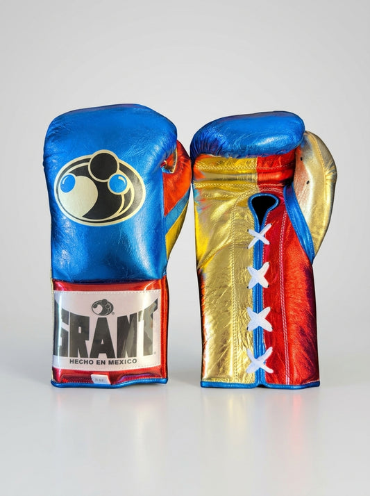 Grant Lace-Up Pro Boxing Gloves – Metallic Blue/Gold/Red