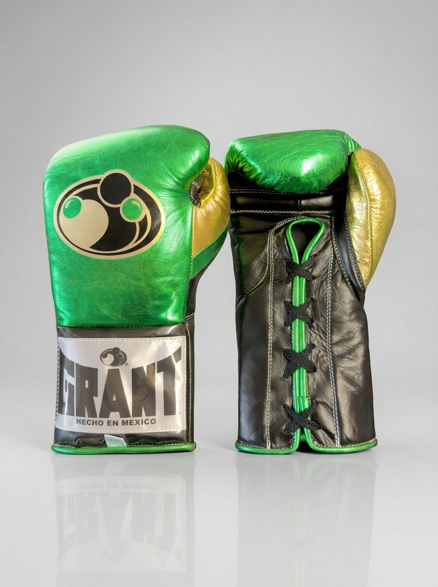 Grant Lace-Up Pro Boxing Gloves – Metallic Green/Gold/Black