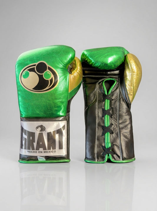 Grant Lace-Up Pro Boxing Gloves – Metallic Green/Gold/Black