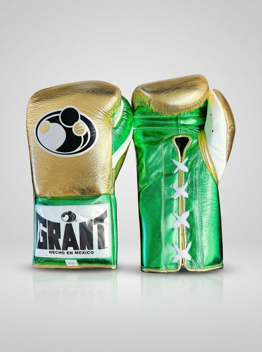 Grant Lace-Up Pro Boxing Gloves – Metallic Green/Gold