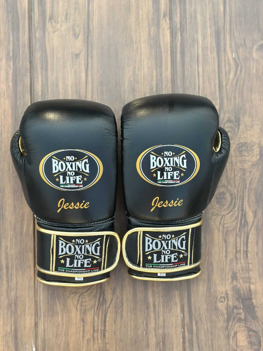 No Boxing No Life Boxing Gloves Black/Gold Velcro Training