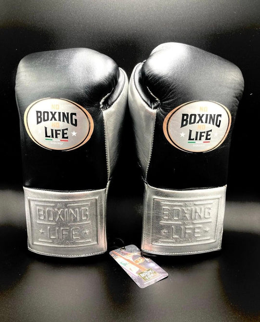 No Boxing No Life Boxing Gloves Black/Silver Lace-Up 16oz