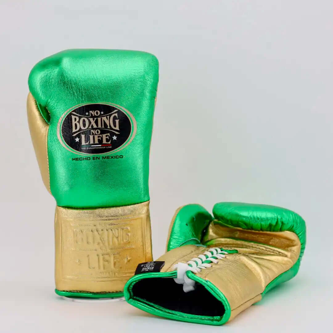 No Boxing No Life Boxing Gloves Green/Gold Lace-Up 16oz