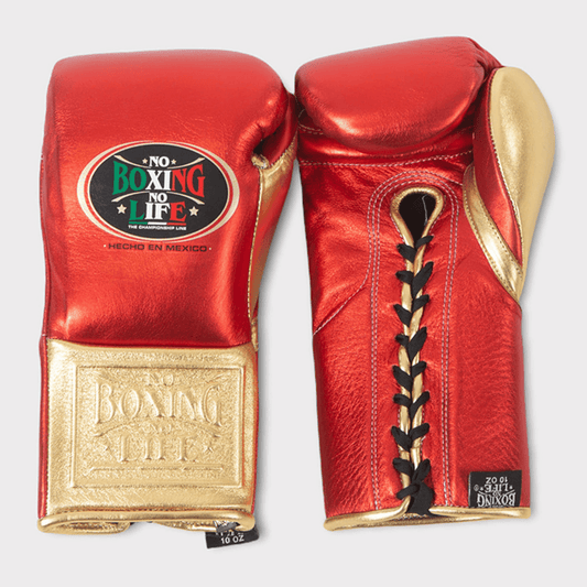 No Boxing No Life Boxing Gloves Red/Gold Lace-Up 16oz