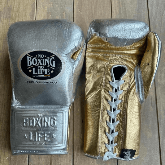 No Boxing No Life Boxing Gloves Silver/Gold Lace-Up 16oz
