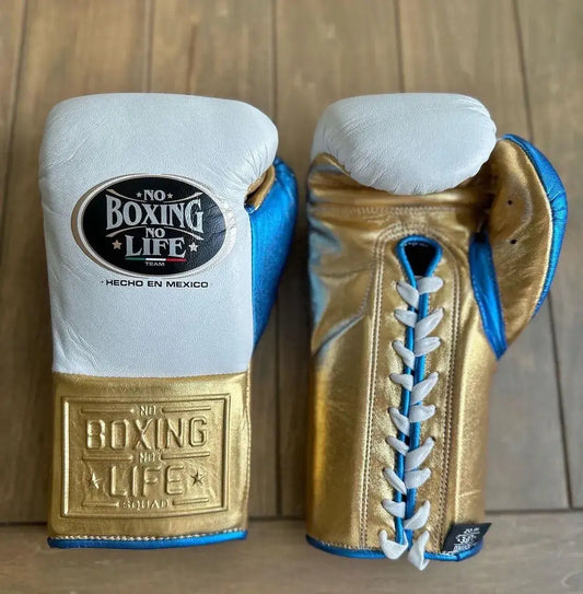No Boxing No Life Boxing Gloves White/Gold/Blue Lace-Up