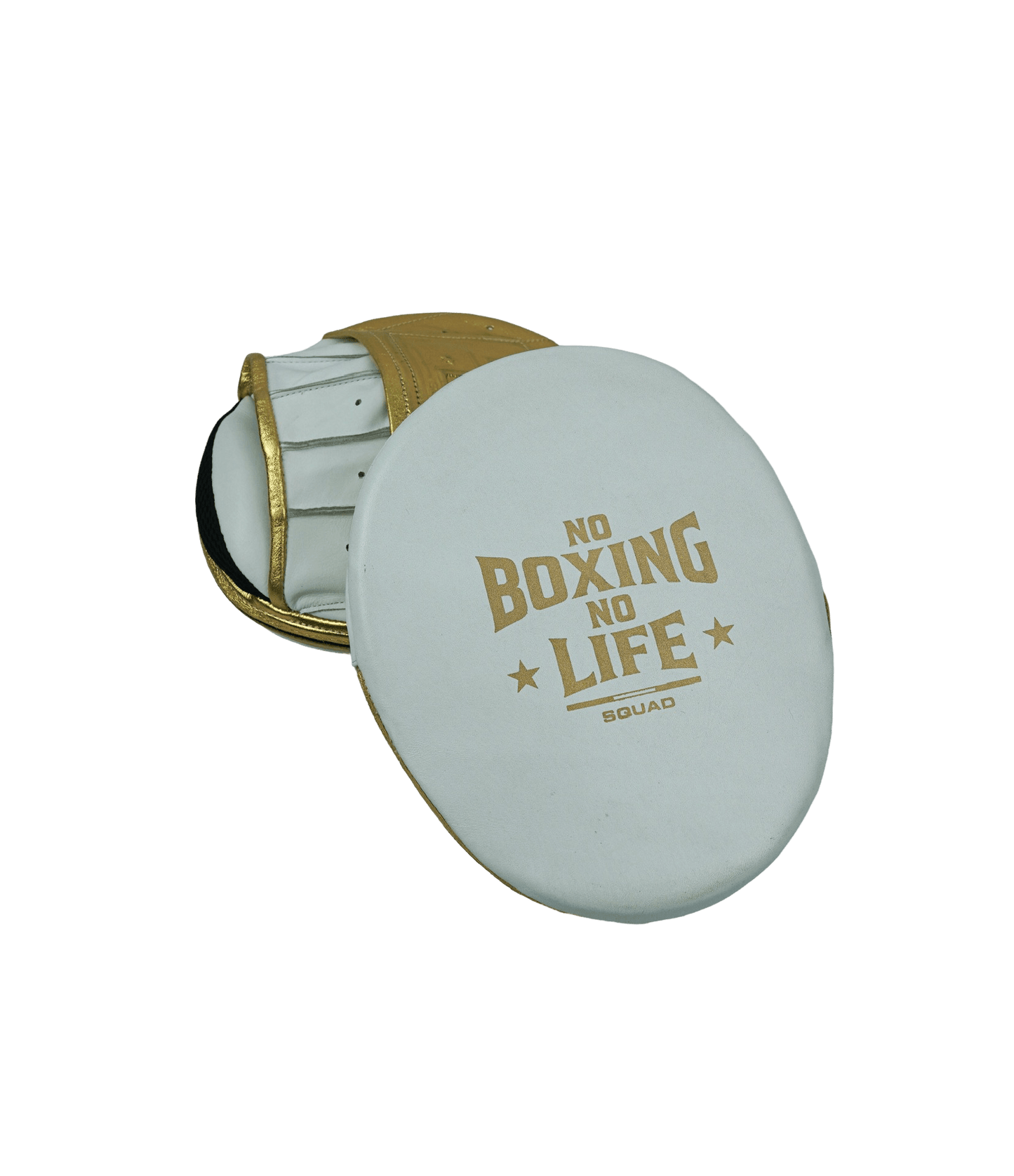No Boxing No Life Punching Mitts White/Gold Coach Pads
