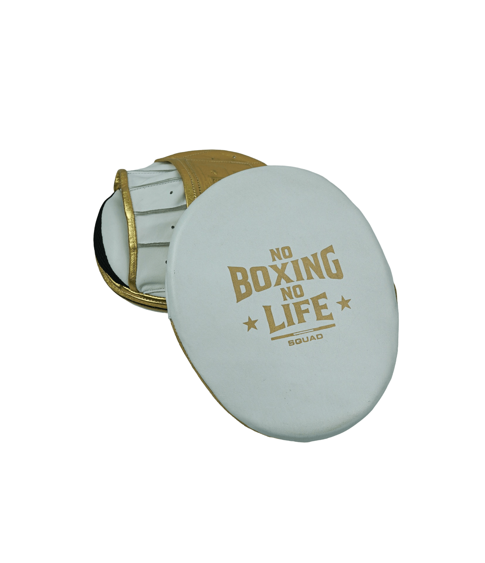 No Boxing No Life Punching Mitts White/Gold Coach Pads