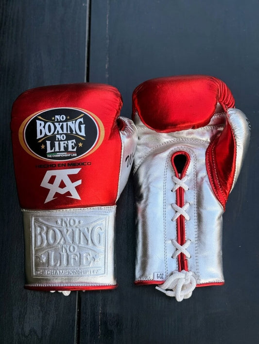 No Boxing No Life Boxing Gloves Red/Silver Lace-Up Training