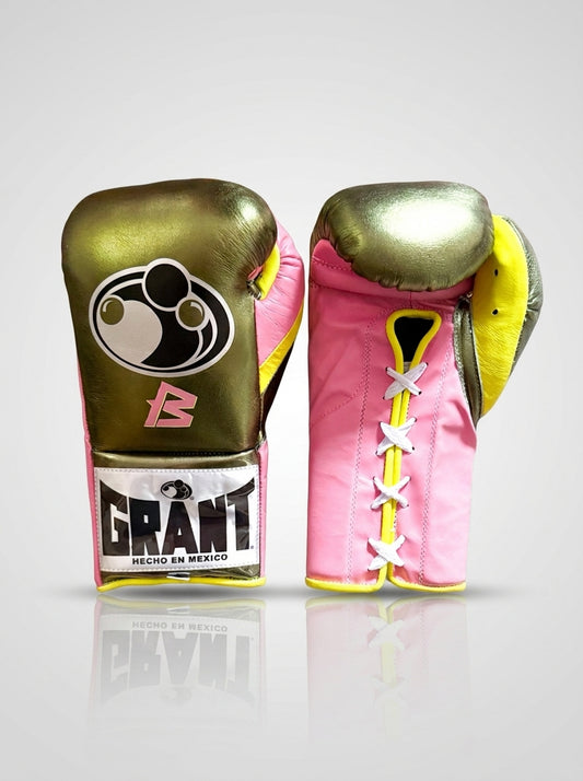 Grant Lace-Up Pro Boxing Gloves – Olive/Pink/Yellow