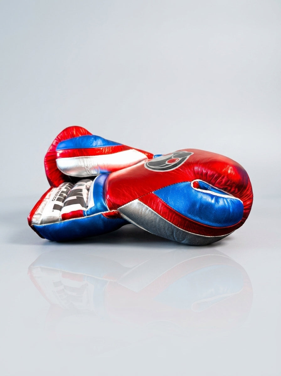 Grant Lace-Up Pro Boxing Gloves – Metallic Red/Blue/Silver