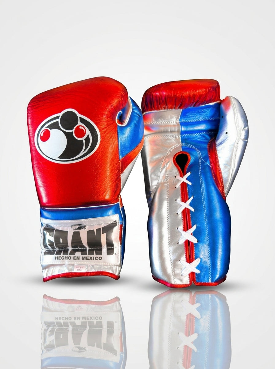 Grant Lace-Up Pro Boxing Gloves – Metallic Red/Blue/Silver