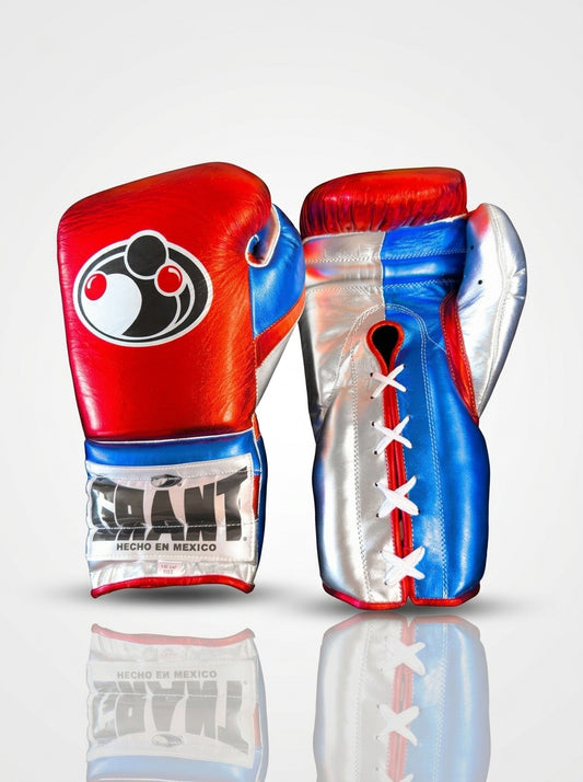 Grant Lace-Up Pro Boxing Gloves – Metallic Red/Blue/Silver