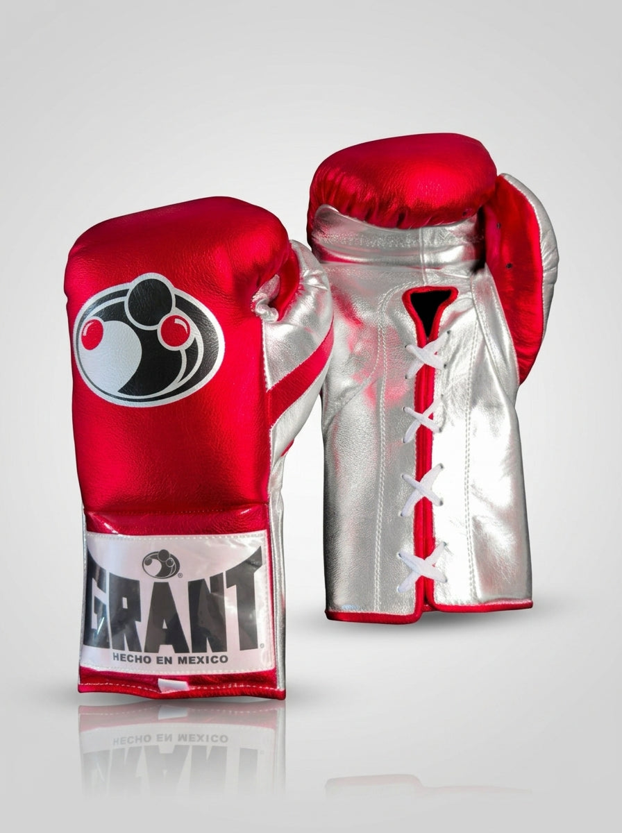 Grant Lace-Up Pro Boxing Gloves – Metallic Red/Silver