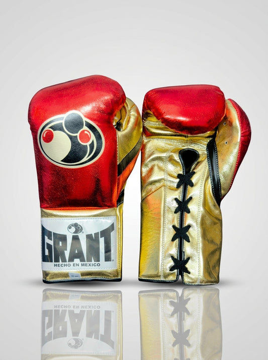Grant Lace-Up Pro Boxing Gloves – Metallic Red/Gold