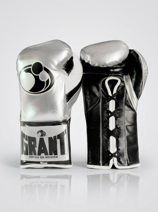 Grant Lace-Up Pro Boxing Gloves – Metallic Silver/Black