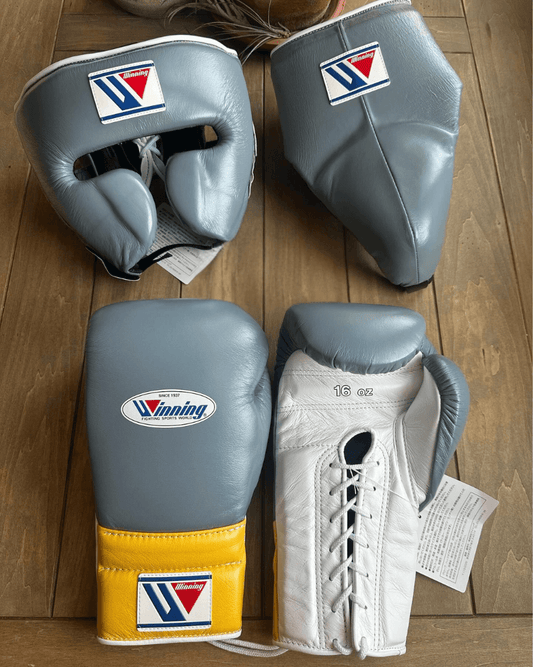 Winning Boxing Gloves Set Grey/White/Yellow Protective Gear