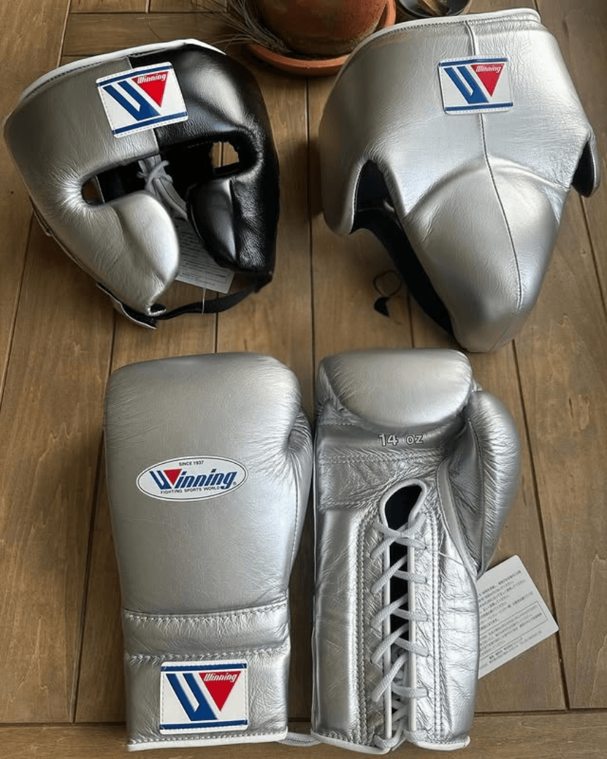 Winning Boxing Gloves Set Silver/Black Premium Leather