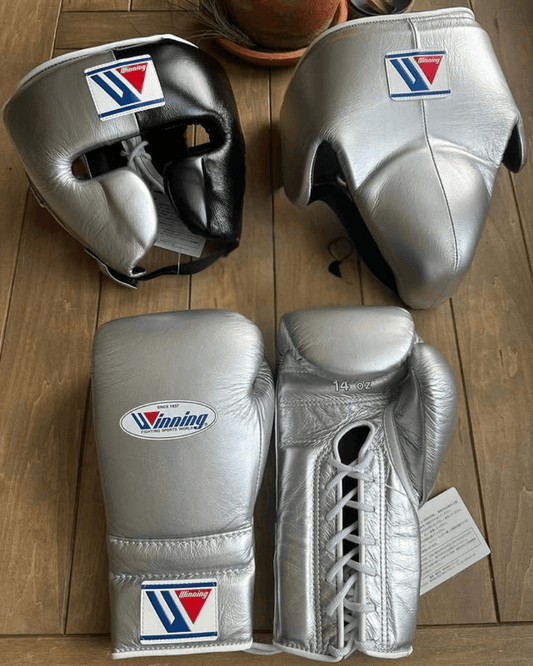 Winning Boxing Gloves Set Silver/Black Premium Leather