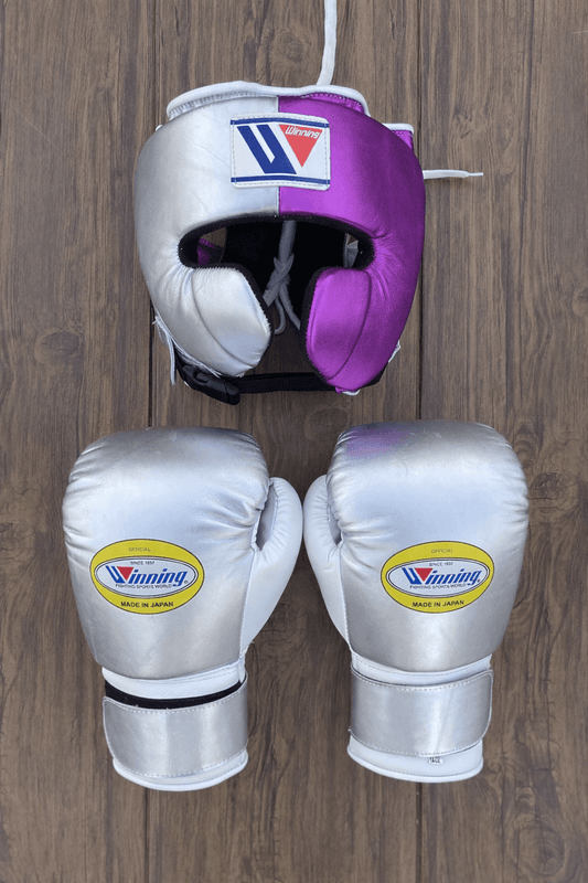 Winning Boxing Gloves Set Silver/Purple Premium Leather