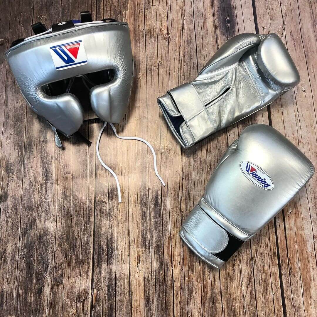 Winning Boxing Gloves Set Silver Premium Leather